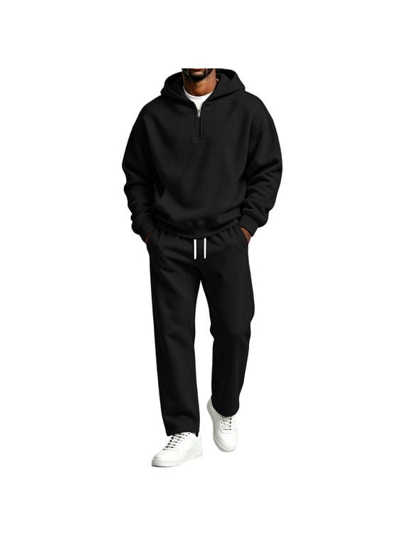 Men's 2 Piece Tracksuit, Fleece Quarter Zip Hoodie with Loose Straight Leg Pants, for Daily Wear Home Relaxation and Casual Walking Black S
