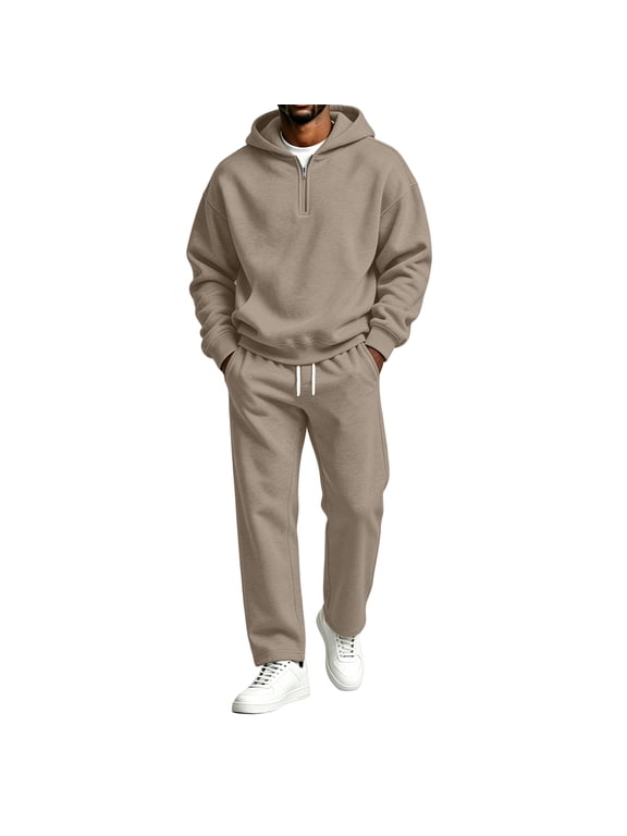 Men's 2 Piece Tracksuit, Fleece Quarter Zip Hoodie with Loose Straight Leg Pants, for Daily Wear Home Relaxation and Casual Walking Camel S