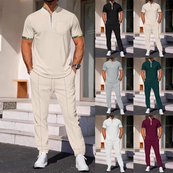 Men's 2 Piece Tracksuit Matching Set Quick Dry Lightweight Short Sleeve Turn Down Collar Top Full Length Elastic Waist Pants Casual Travel Sports Lounge Jogging Suit Father's Day