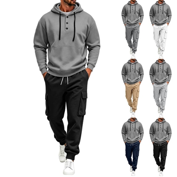 Men’s 2 Piece Tracksuit Outfit Set, Button Placket Pullover Hoodie with Kangaroo Pocket, Drawstring Cargo Jogger Pants with Multi‑Side Pockets, Daily Walking Outdoor Wear L