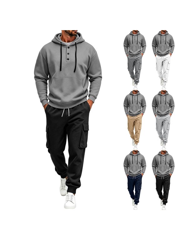 Men’s 2 Piece Tracksuit Outfit Set, Button Placket Pullover Hoodie with Kangaroo Pocket, Drawstring Cargo Jogger Pants with Multi‑Side Pockets, Daily Walking Outdoor Wear XXL