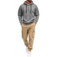 thumbnail image 1 of Men’s 2 Piece Tracksuit Outfit Set, Button Placket Pullover Hoodie with Kangaroo Pocket, Drawstring Cargo Jogger Pants with Multi‑Side Pockets, Daily Walking Outdoor Wear L, 1 of 4