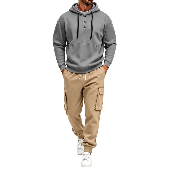 Men’s 2 Piece Tracksuit Outfit Set, Button Placket Pullover Hoodie with Kangaroo Pocket, Drawstring Cargo Jogger Pants with Multi‑Side Pockets, Daily Walking Outdoor Wear L