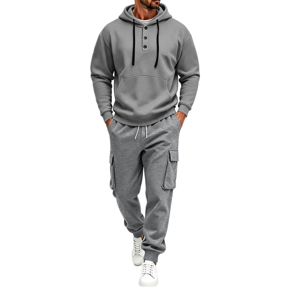 Men’s 2 Piece Tracksuit Outfit Set, Button Placket Pullover Hoodie with Kangaroo Pocket, Drawstring Cargo Jogger Pants with Multi‑Side Pockets, Daily Walking Outdoor Wear XXL