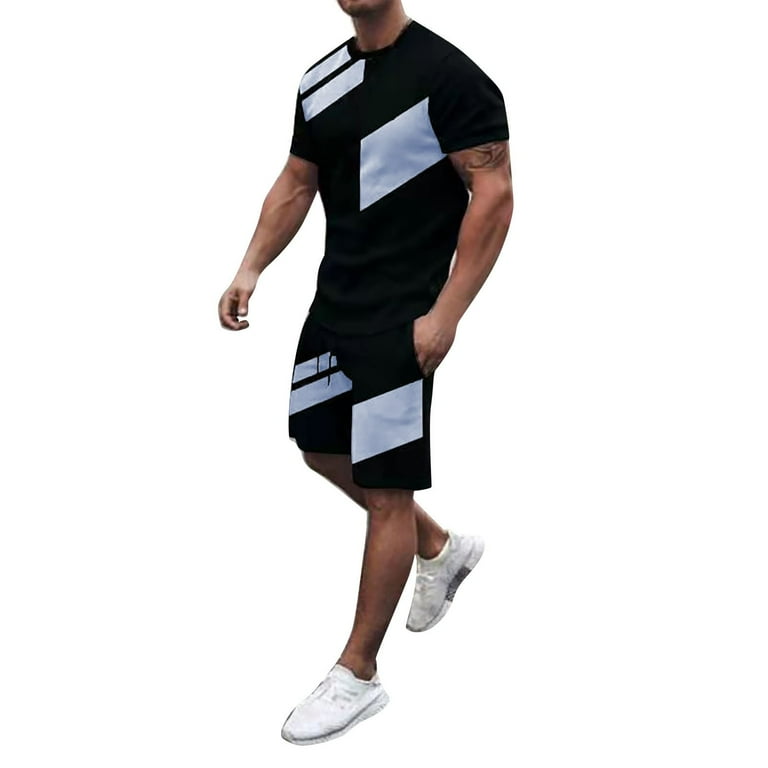 Men s 2 Piece Tracksuit Set Fall Winter Loose Fit Short Sleeve Shirts and Pants Set Loose Fit Striped Printed O Neck Workout Tracksuits Y2 Dark Blue L Walmart