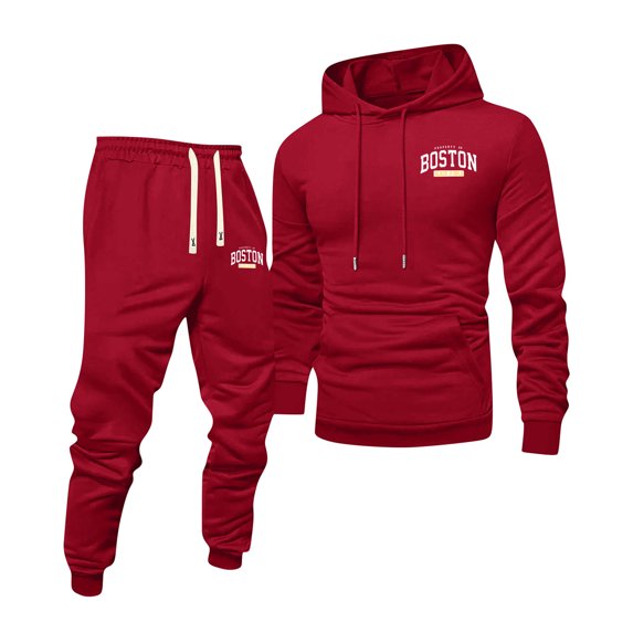 Men's 2 Piece Tracksuit Set Hooded Sweatshirt Drawstring Kangaroo Pocket and Elastic Waist Jogger Pants Comfortable Pullover Casual Outfit for Gym Daily Wear Winter Red #002 XL