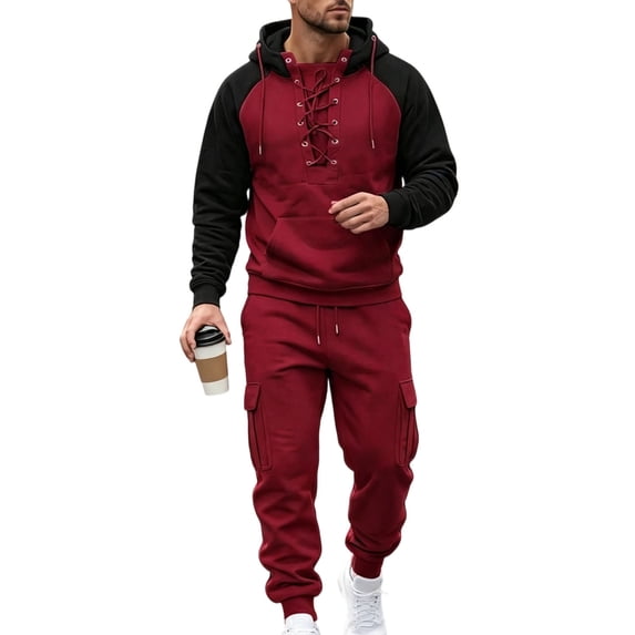 Men’s 2‑Piece Tracksuit Set, Lace‑Up Pullover Hoodie with Kangaroo Pocket, Cargo Jogger Pants with Side Pockets, Streetwear Sports and Outdoor Daily Activities Red XL