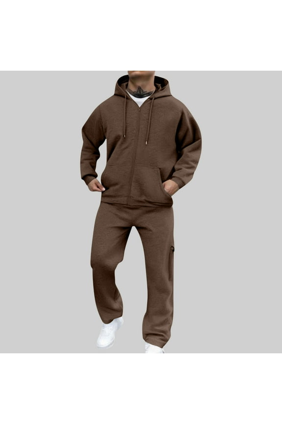 Men's 2 Piece Tracksuits Full-zip Hoodie Jacket and Cargo Sweatpant Sets Jogging Sports Sweatsuits with Pockets (L, Brown)