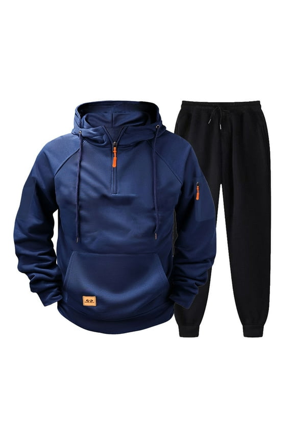 Men's 2 Piece Tracksuits Multi Pockets 1/4 Zip Hoodie Pullover and Joggers Pant Sets Comfy Sports Jogging Outfits (2XL, Navy)