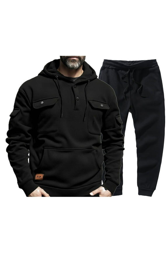 Men's 2 Piece Tracksuits Multi Pockets 1/4 Zip Hoodie Pullover and Joggers Pant Sets Comfy Sports Jogging Outfits (L, Black 01)