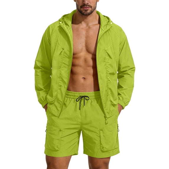 Men's 2 Piece Tracksuits Quick Dry Jogging Suits Long Sleeve Hoodie with Shorts Casual Athletic Set 4XL Green