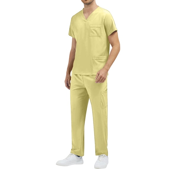 Men's 2 Piece V-Neck Scrubs Set Short Sleeve Medical Uniforms with Pockets for Hospital Nurse Doctor Workwear Yellow M