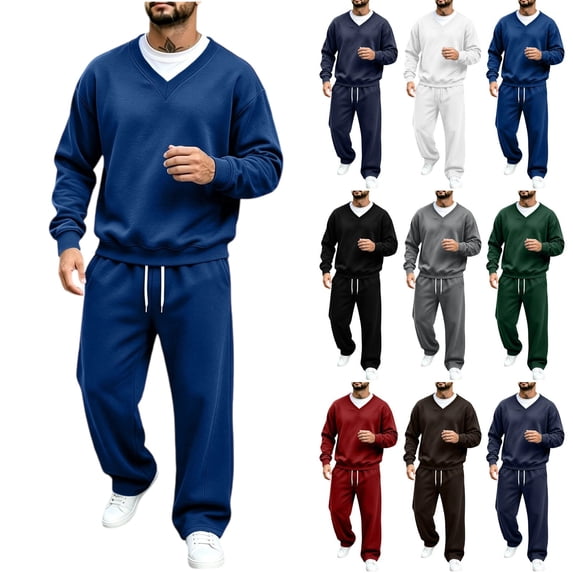 Men's 2-Piece V-Neck Sweatsuit Set Long Sleeve Pullover and Straight Leg Pants Casual Athletic Tracksuit for Fall Winter Gym Weekend