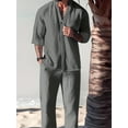 thumbnail image 1 of Men's 2 Piece Vacation Outfits Cotton Linen Tropical Button Short Sleeve Collared Shirt Pants Set Tracksuits Gray L, 1 of 5