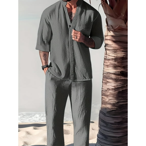 Men's 2 Piece Vacation Outfits Cotton Linen Tropical Button Short Sleeve Collared Shirt Pants Set Tracksuits Gray M