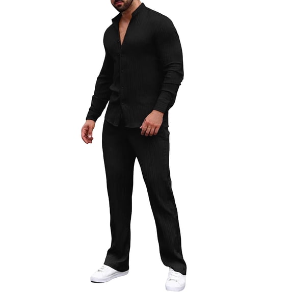 Men's 2 Piece Vertical Striped Textured Outfits Summer Casual Long Sleeve Button Down Shirts and Pants Matching Sets Black
