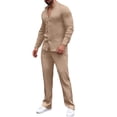 thumbnail image 1 of Men's 2 Piece Vertical Striped Textured Outfits Summer Casual Long Sleeve Button Down Shirts and Pants Matching Sets Khaki, 1 of 8