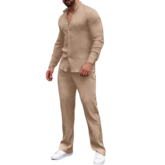 Men's 2 Piece Vertical Striped Textured Outfits Summer Casual Long Sleeve Button Down Shirts and Pants Matching Sets Khaki