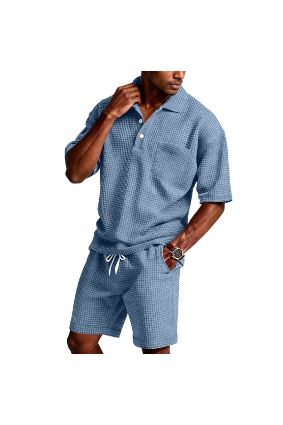 Men's 2 Piece Waffle Knit Quarter Button Shirt & Loose Shorts Set Soft Summer Vacation Beach Resort Track Outfits Light Blue L