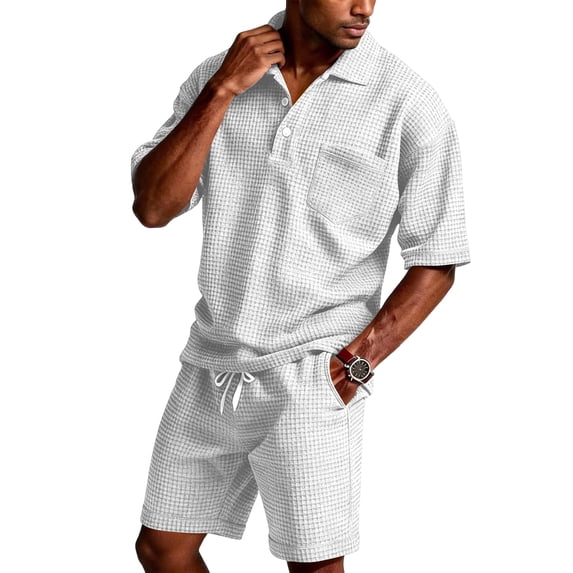 Men's 2 Piece Waffle Knit Quarter Button Shirt & Loose Shorts Set Soft Summer Vacation Beach Resort Track Outfits White XL