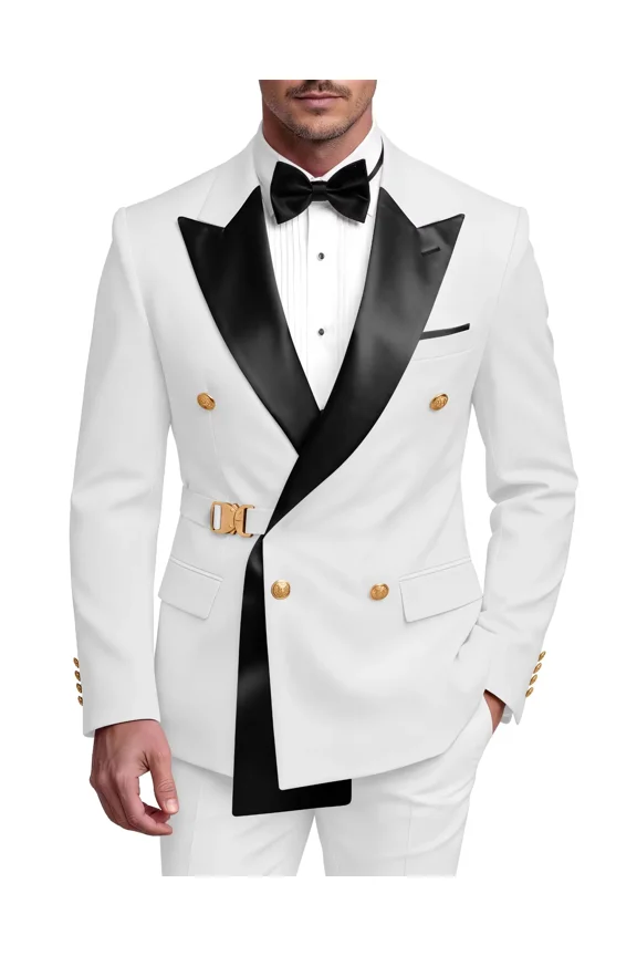 Men's 2 Piece White Tuxedo Metal Buckle Jacket Pants Set Formal Business Wedding Prom, Size L