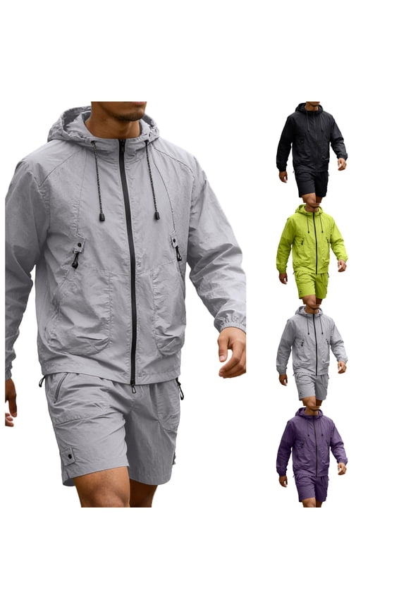Men's 2 Piece Windbreaker Set Hooded Jacket and Quick Dry Shorts with Elastic Waist Multi Pocket Casual Outfits Gray M