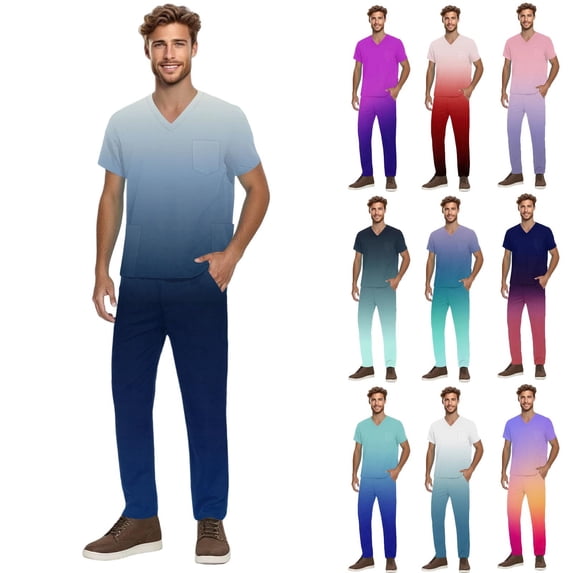 Men's 2-Piece Work Uniform Set, Short Sleeve V-Neck Gradient Print Top with Chest Pocket and Elastic Waist Pants, For Medical Nursing Scrubs,Blue,L