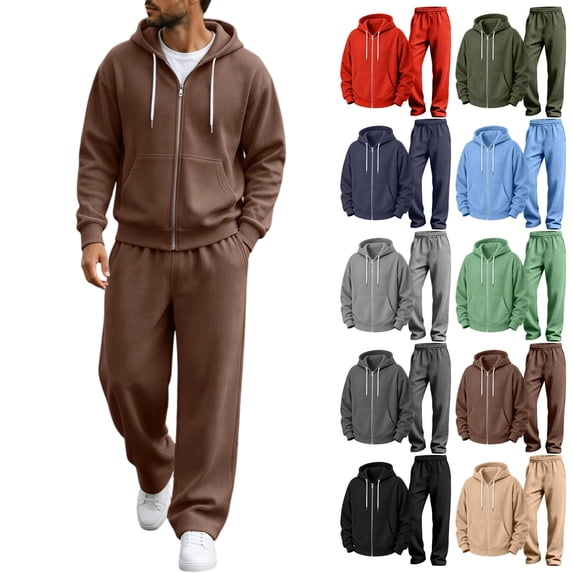 Men's 2-Piece Zip Up Hoodie and Straight Leg Pants Set Full Zip Sweatsuit with Contrast Drawstrings Casual Athletic Tracksuit for Fall Winter Gym Weekend