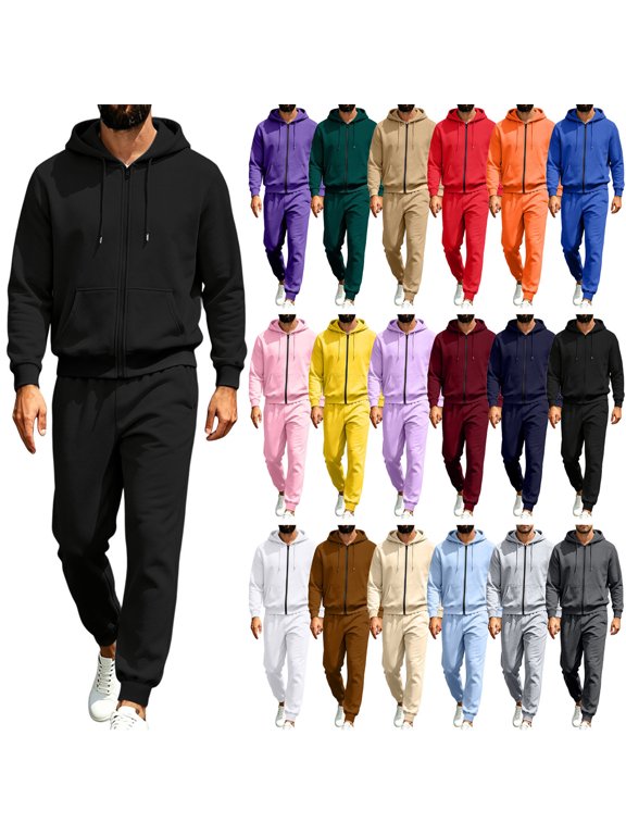 Men's 2 Piece Zip Up Tracksuit Outfits Sets,Full Zip Hooded Jacket and Jogger Sweatpants,Solid Color Casual Athletic Sweatsuit Loungewear Set for Spring Fall