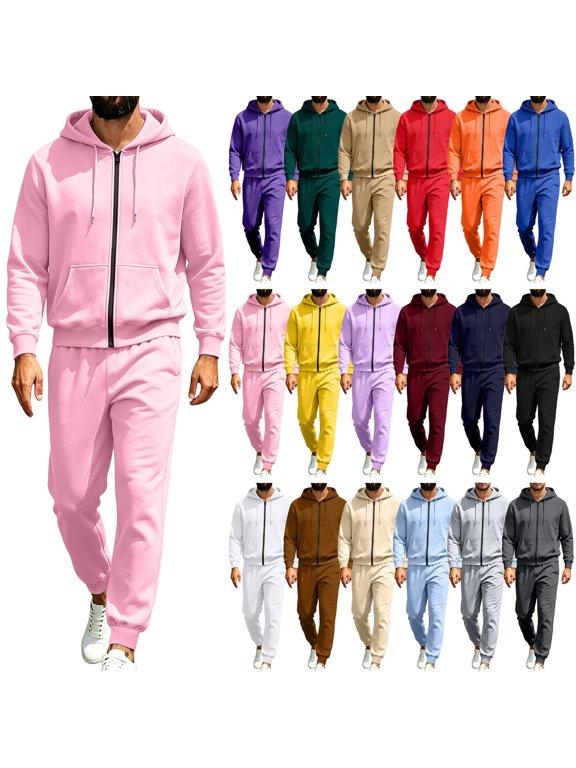 Men's 2 Piece Zip Up Tracksuit Outfits Sets,Full Zip Hooded Jacket and Jogger Sweatpants,Solid Color Casual Athletic Sweatsuit Loungewear Set for Spring Fall