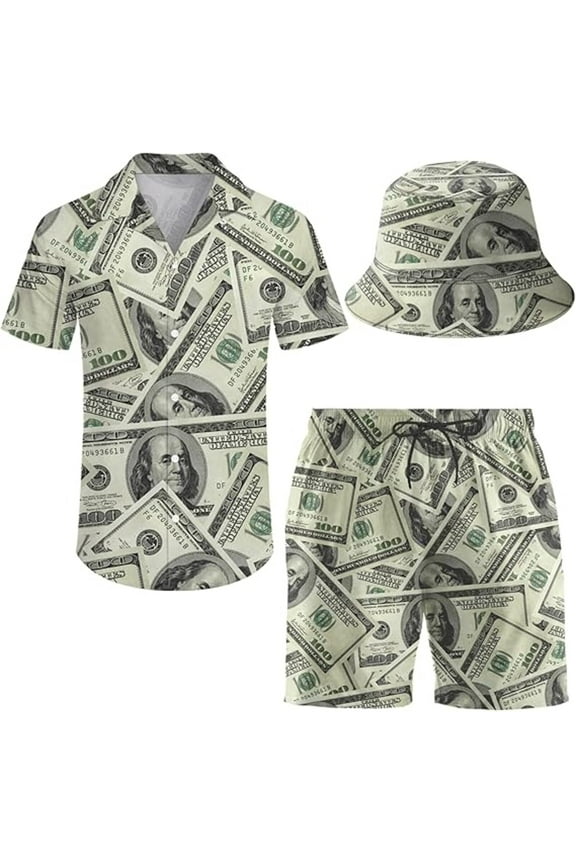 Men's 2 Piece money Hawaiian Shirt Shorts Button Down Shirt and Shorts Sets with Bucket Hats M