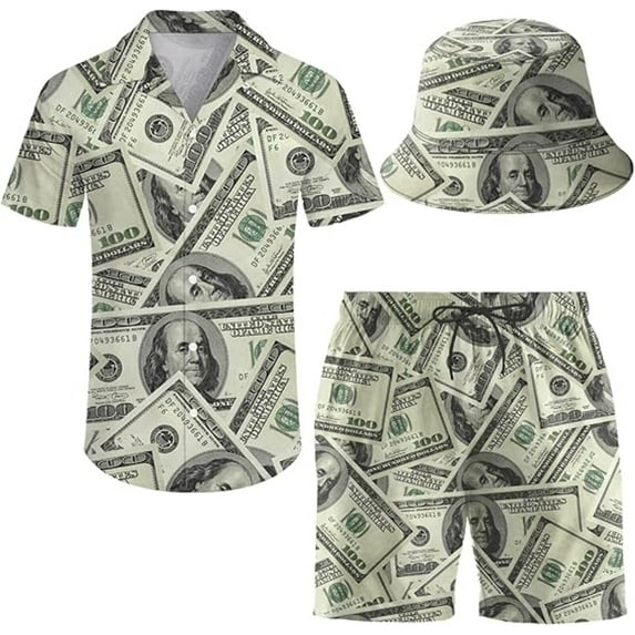 Men's 2 Piece money Hawaiian Shirt Shorts Button Down Shirt and Shorts Sets with Bucket Hats S