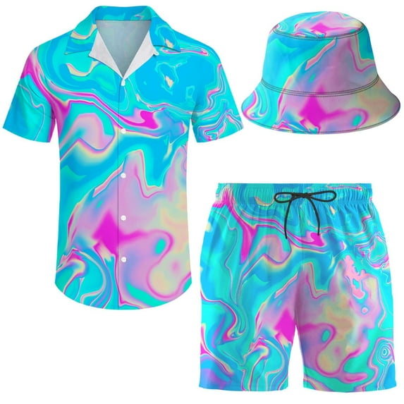 Men's 2 Piece trippy Hawaiian Shirt Shorts Button Down Shirt and Shorts Sets with Bucket Hats L