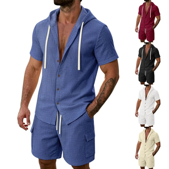 Men's 2 Pieces Cotton Linen Set Casual Short Sleeve Button up Shirts Hoodie Beach Yoga Cargo Shorts Summer Outfits Size 3XL Blue