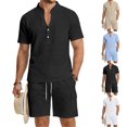 thumbnail image 1 of Men's Cotton Linen 2 Piece Set Henley Shirt with Short Sleeve and Cargo Shorts Summer Beach Vacation Linen Outfit White, 1 of 9
