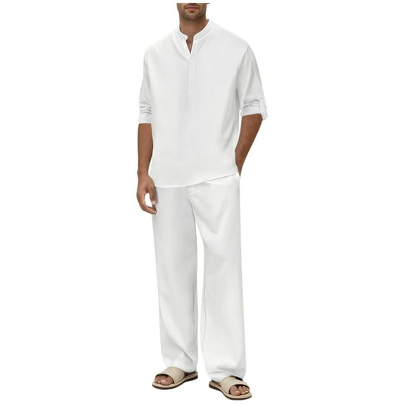 Men's 2 Pieces Cotton Linen Set Long Sleeve Henley Shirt Casual Pants Loose Casual Fall Outfits, 3XL