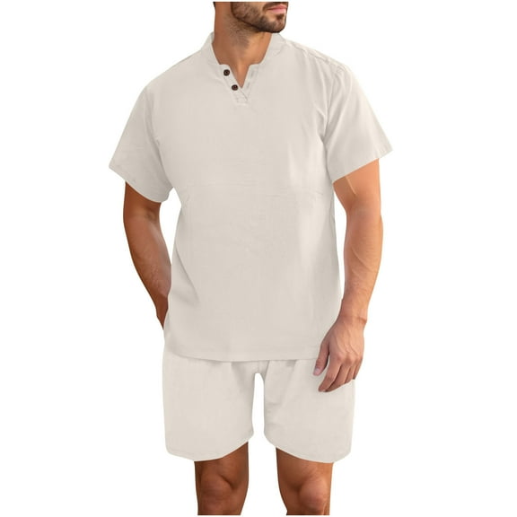 Men's 2 Pieces Linen Set Casual Henley Shirts Short Sleeve Beach Yoga Shorts with Pockets Summer Outfits