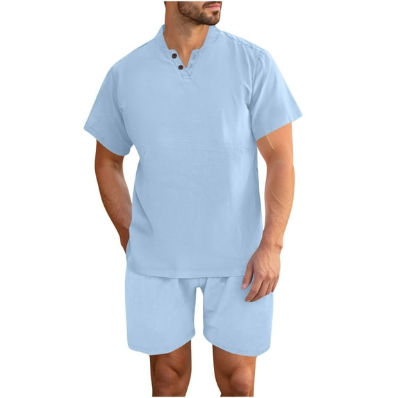 Men's 2 Pieces Linen Set Casual Henley Shirts Short Sleeve Beach Yoga Shorts with Pockets Summer Outfits
