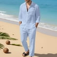 thumbnail image 1 of Men's 2 Pieces Linen Set Long Sleeve Shirts Casual Beach Pants With Pockets Summer Yoga Outfits Loose Shirts and Pants Vacation Sets for Men (XL, Light Blue), 1 of 4