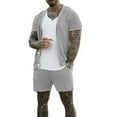 thumbnail image 1 of Men's 2 Pieces Outfits Summer Beach Set Hollow out Mesh Knited Cardigan See Through Short Sleeve Shirts and Shorts Sets Gray, 1 of 6