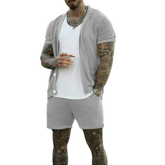 Men's 2 Pieces Outfits Summer Beach Set Hollow out Mesh Knited Cardigan See Through Short Sleeve Shirts and Shorts Sets Gray