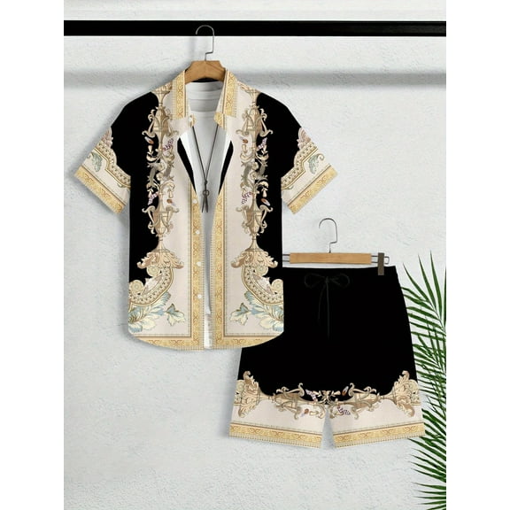 Men's 2 Pieces Set Palace Embossed Element Print Outfits Short Sleeve Button Down Shirt and Drawstring Shorts Set Men's Vacation Outfits