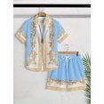 thumbnail image 1 of Men's 2 Pieces Set Palace Embossed Element Print Outfits Short Sleeve Button Down Shirt and Drawstring Shorts Set Men's Vacation Outfits, 1 of 4
