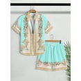 thumbnail image 1 of Men's 2 Pieces Set Palace Embossed Element Print Outfits Short Sleeve Button Down Shirt and Drawstring Shorts Set Men's Vacation Outfits, 1 of 4