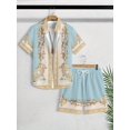 thumbnail image 1 of Men's 2 Pieces Set Palace Embossed Element Print Outfits Short Sleeve Button Down Shirt and Drawstring Shorts Set Men's Vacation Outfits, 1 of 4
