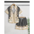 thumbnail image 1 of Men's 2 Pieces Set Palace Embossed Element Print Outfits Short Sleeve Button Down Shirt and Drawstring Shorts Set Men's Vacation Outfits, 1 of 4