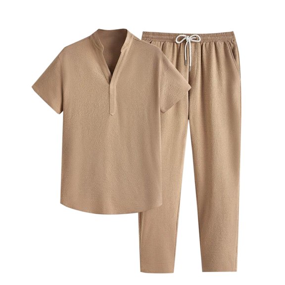 Men's 2 Pieces Shirt Set Short Sleeve V-Neck T Shirt Drawstring Pants Outfits Casual Holiday Vocation Workout Solid Color Suits for Men