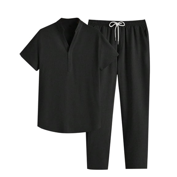 Men's 2 Pieces Shirt Set Short Sleeve V-Neck T Shirt Drawstring Pants Outfits Casual Holiday Vocation Workout Solid Color Suits for Men