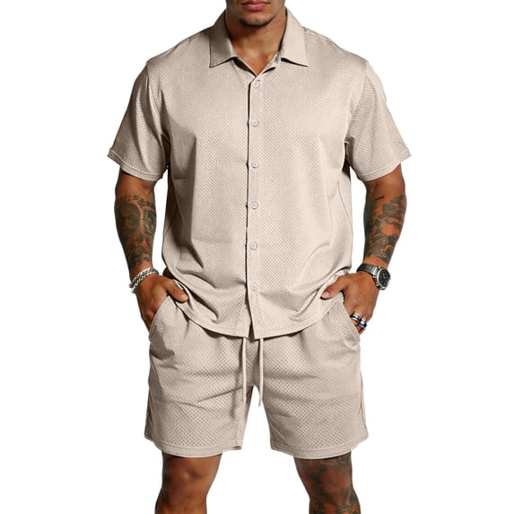 Men's 2 Pieces Short Sleeve Button Down Shirts and Short Set Casual Beach Vacation Summer Outfits