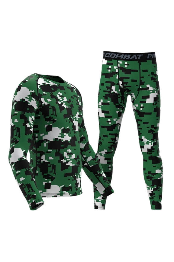 Men's 2 Pieces Sports Fitness Camouflage Tight Set Running Quick-Drying Breathable Compression T-Shirts + Pants